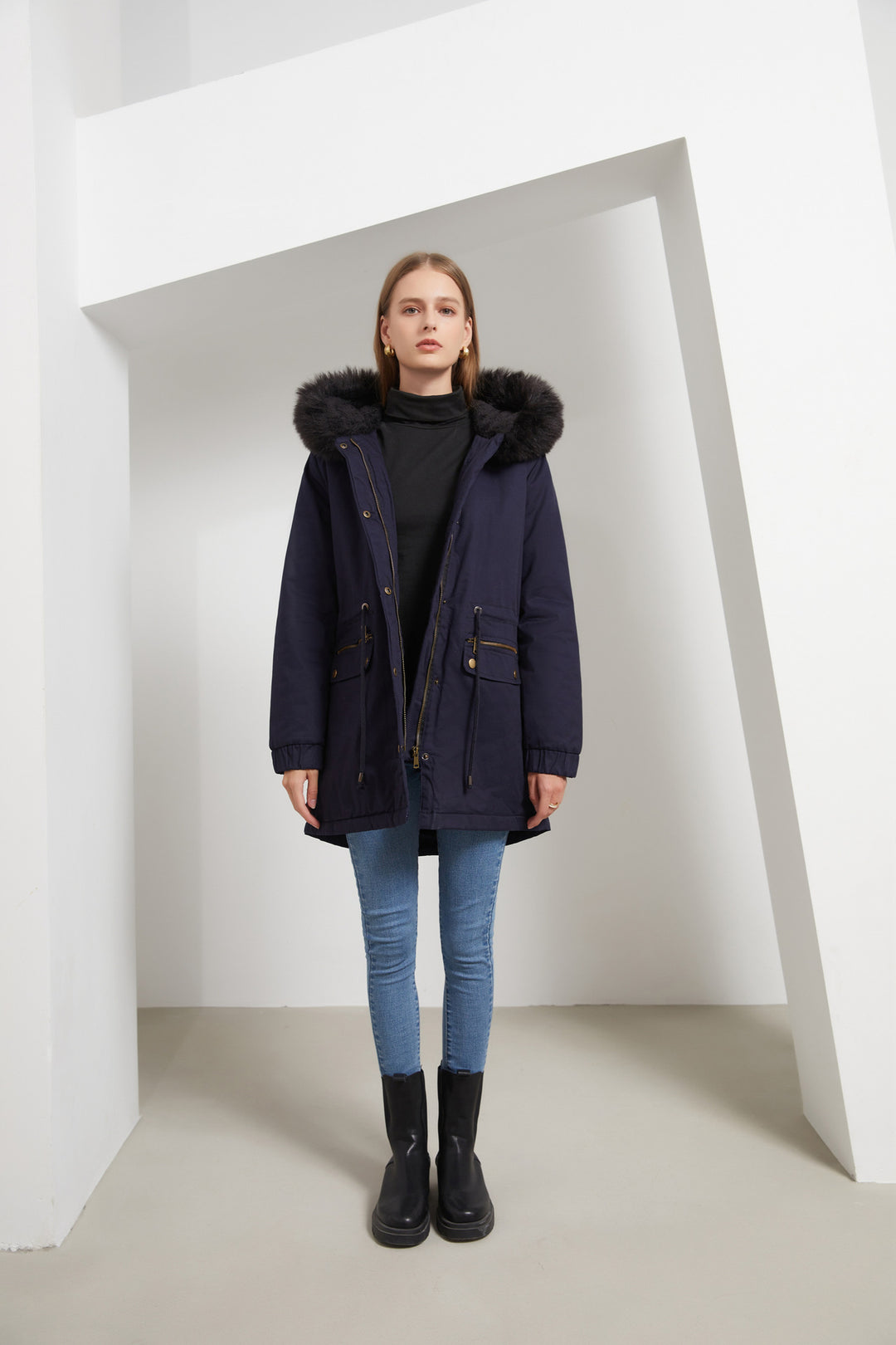 Rosie - Fur Collar Hooded Parka - Plus Velvet Cotton Coat